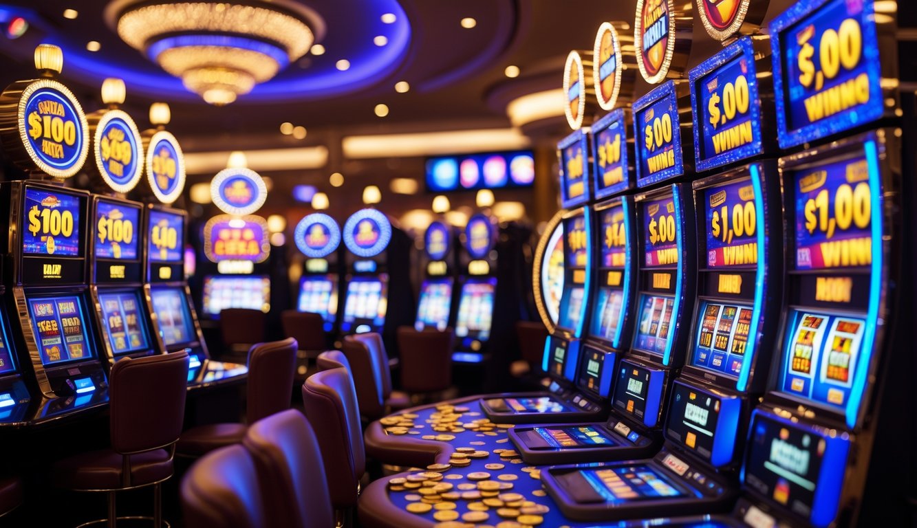 Area mesin slot di kasino dengan mesin yang menyala dan koin emas berserakan, menunjukkan suasana kemenangan jackpot besar.