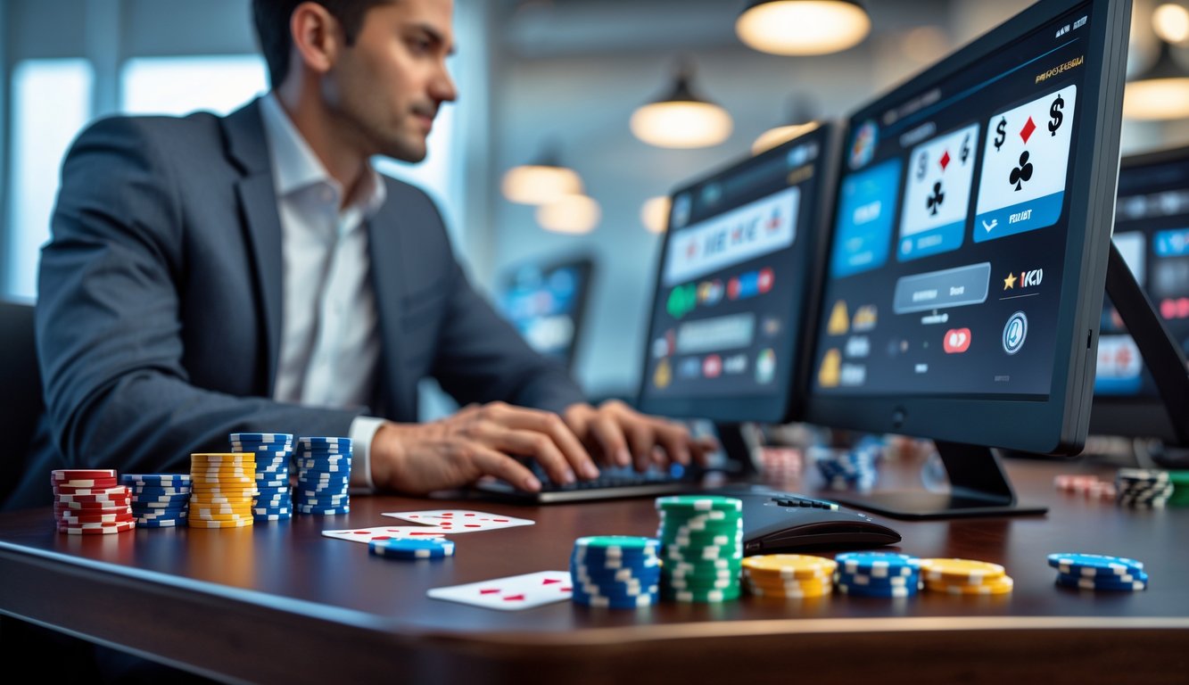 Seorang pria duduk di depan beberapa layar komputer yang menampilkan permainan poker online dengan tumpukan chip dan kartu di atas meja kayu.