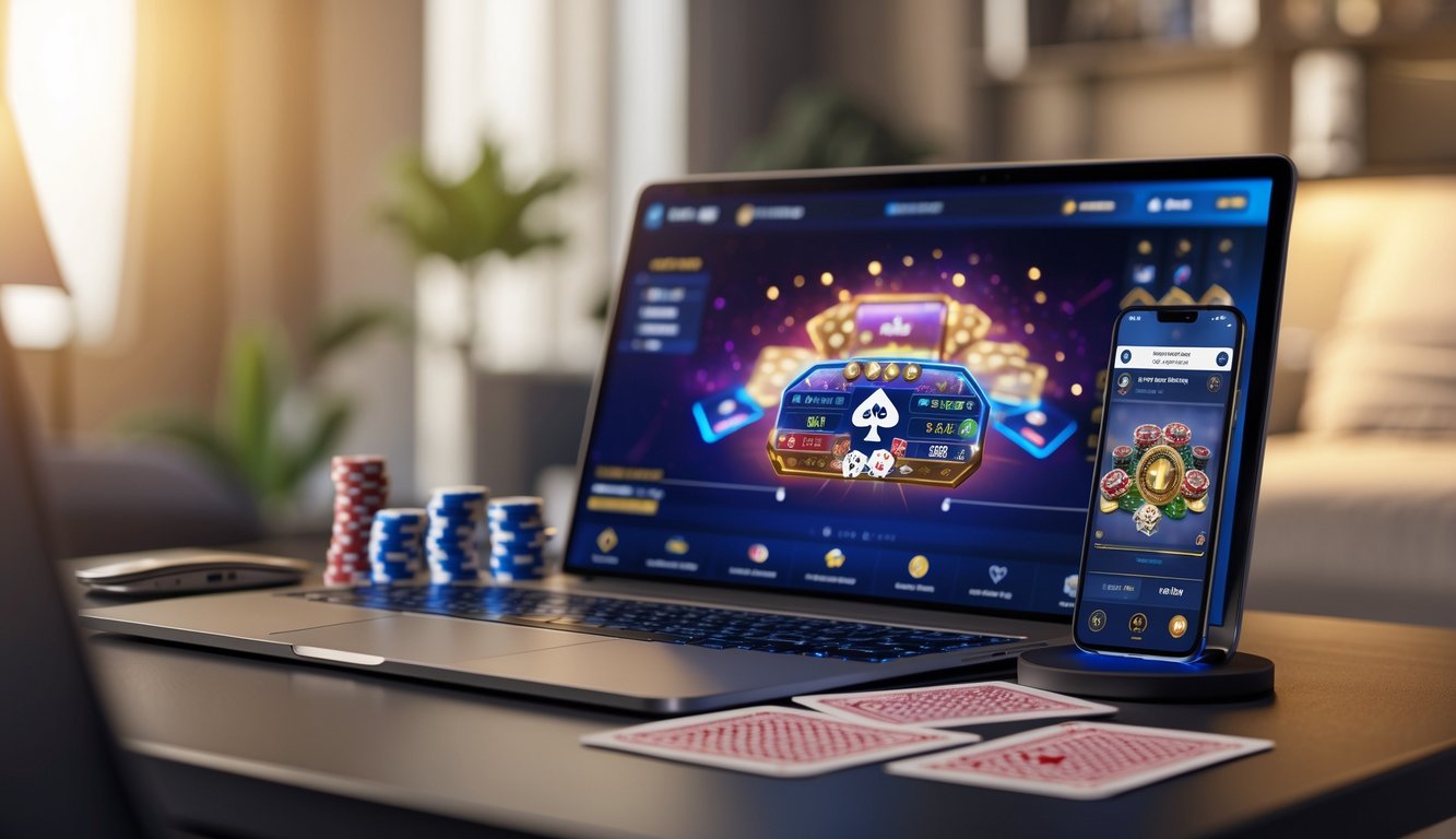 Seseorang bermain poker online dengan chip dan kartu di meja, menggunakan laptop dan ponsel di ruang tamu.