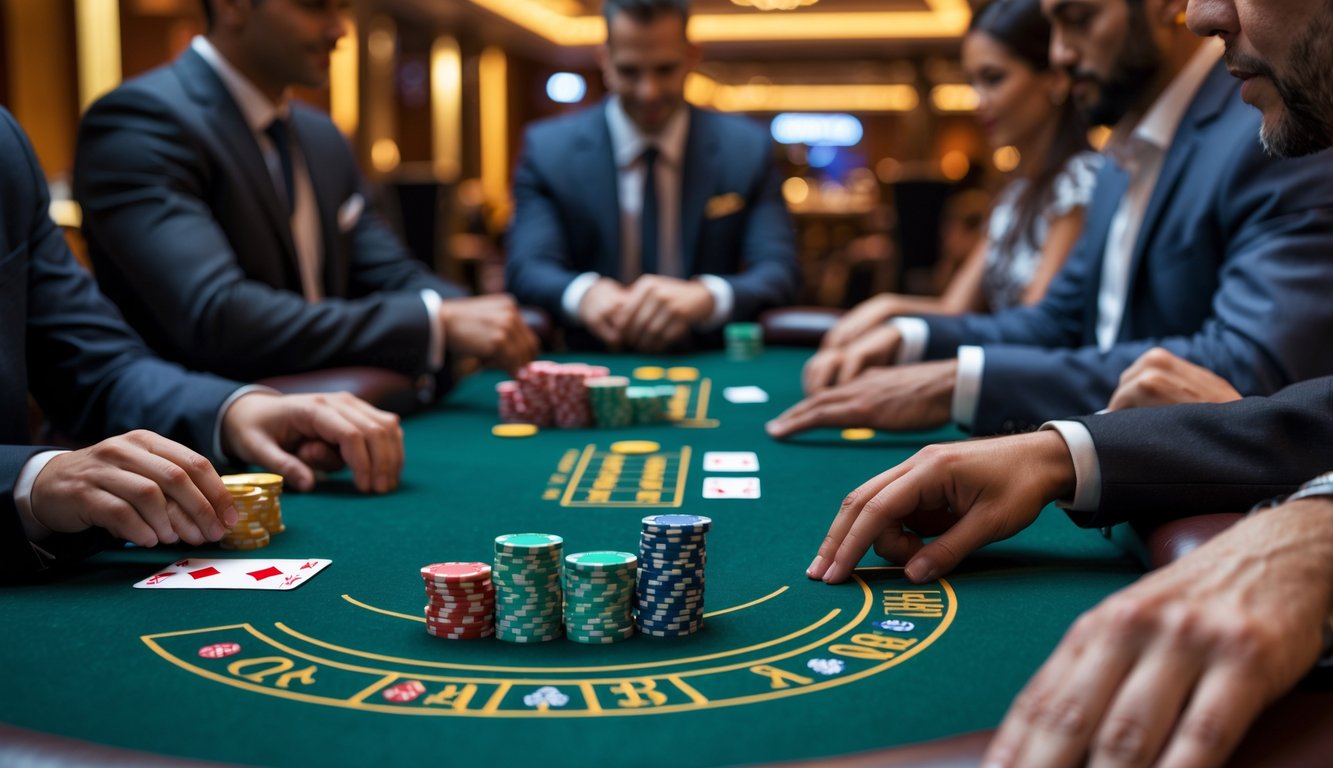 Meja poker dengan chip dan kartu di kasino yang mewah dan terang, dengan pemain berpakaian rapi sedang bermain.