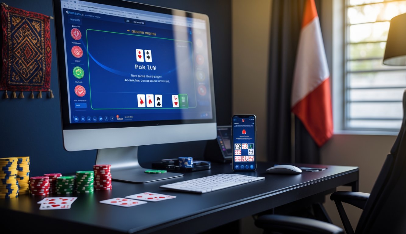 Sebuah ruangan modern dengan komputer menampilkan permainan poker online, tumpukan chip poker, kartu bermain, dan ponsel di atas meja, dengan dekorasi kecil bergaya Indonesia di latar belakang.