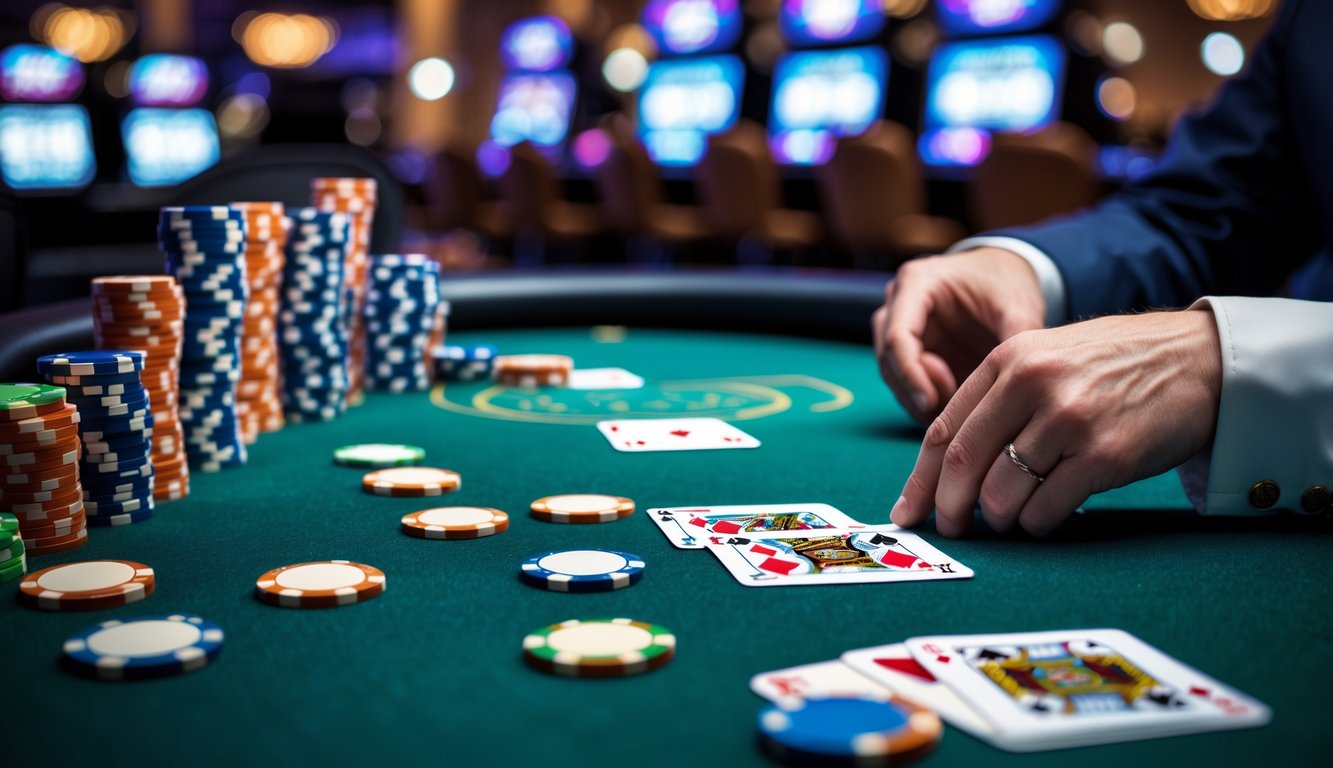 Meja poker modern dengan chip dan kartu yang tersusun rapi di kasino yang terang.