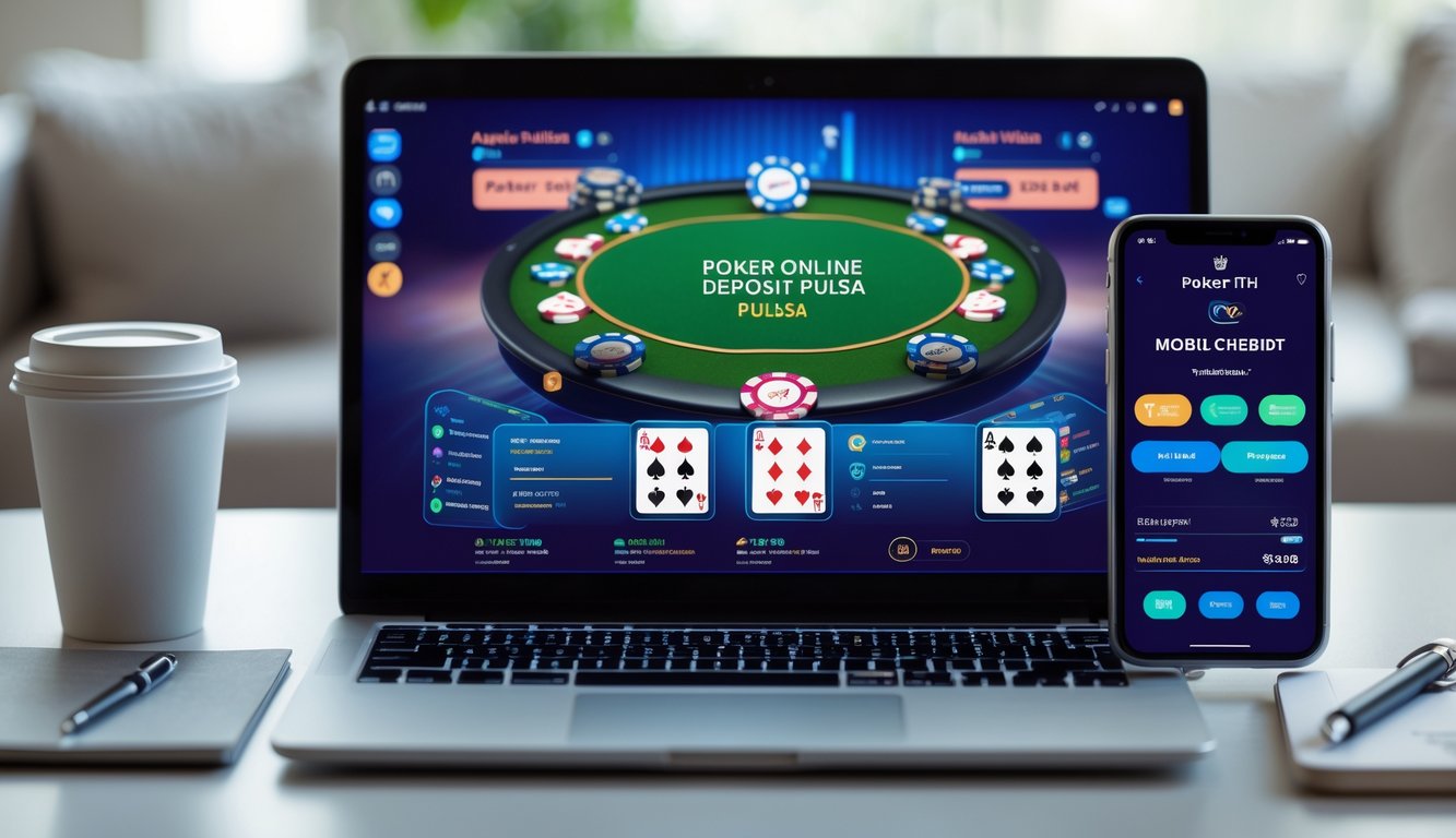 Seorang pengguna sedang bermain poker online di laptop dengan ponsel di samping yang menampilkan aplikasi pembayaran pulsa.