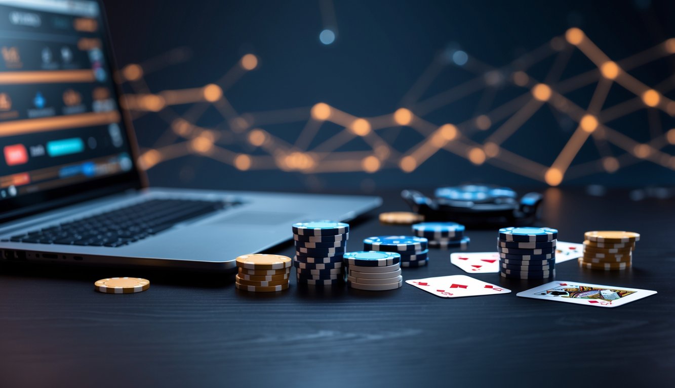 Meja poker dengan chip dan kartu bermain di depan laptop yang menampilkan permainan poker online.