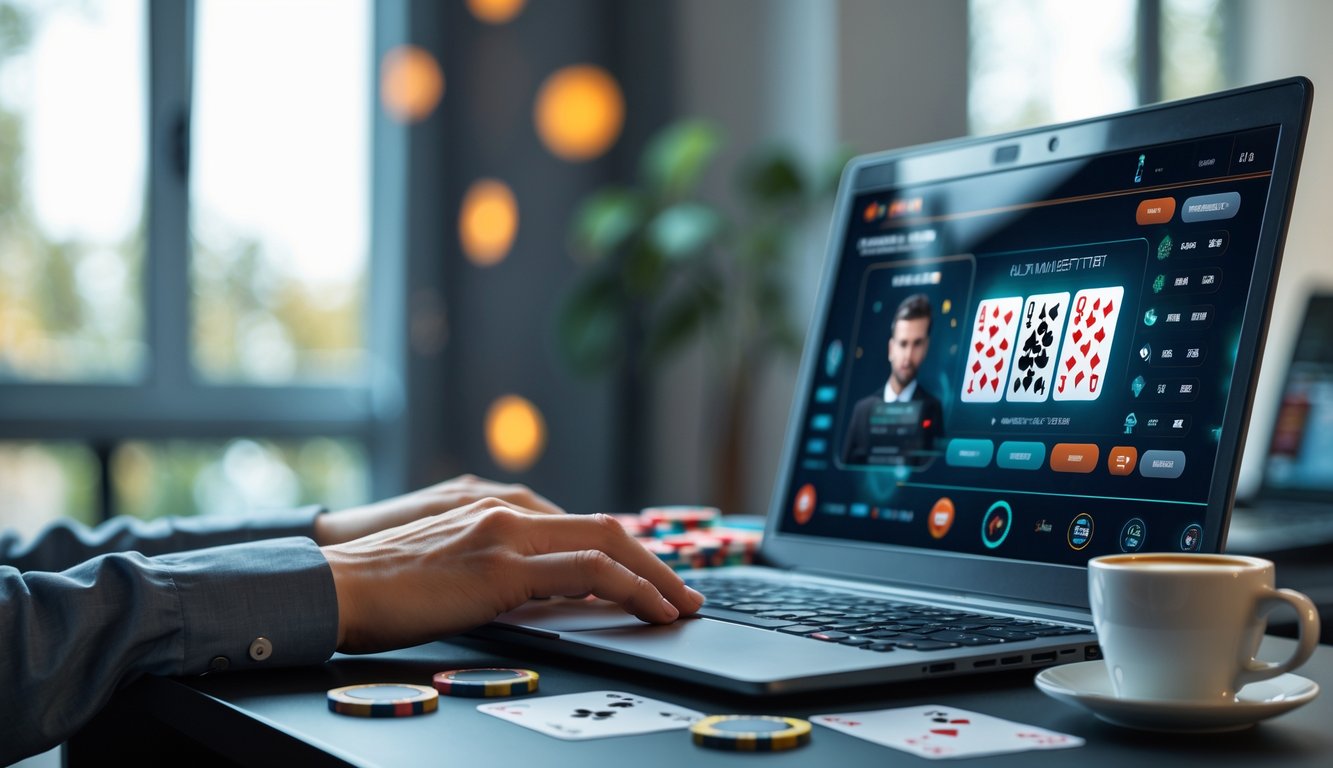 Seorang pemain poker online sedang bermain di depan laptop di sebuah ruangan yang nyaman dengan kartu dan chip poker di meja.