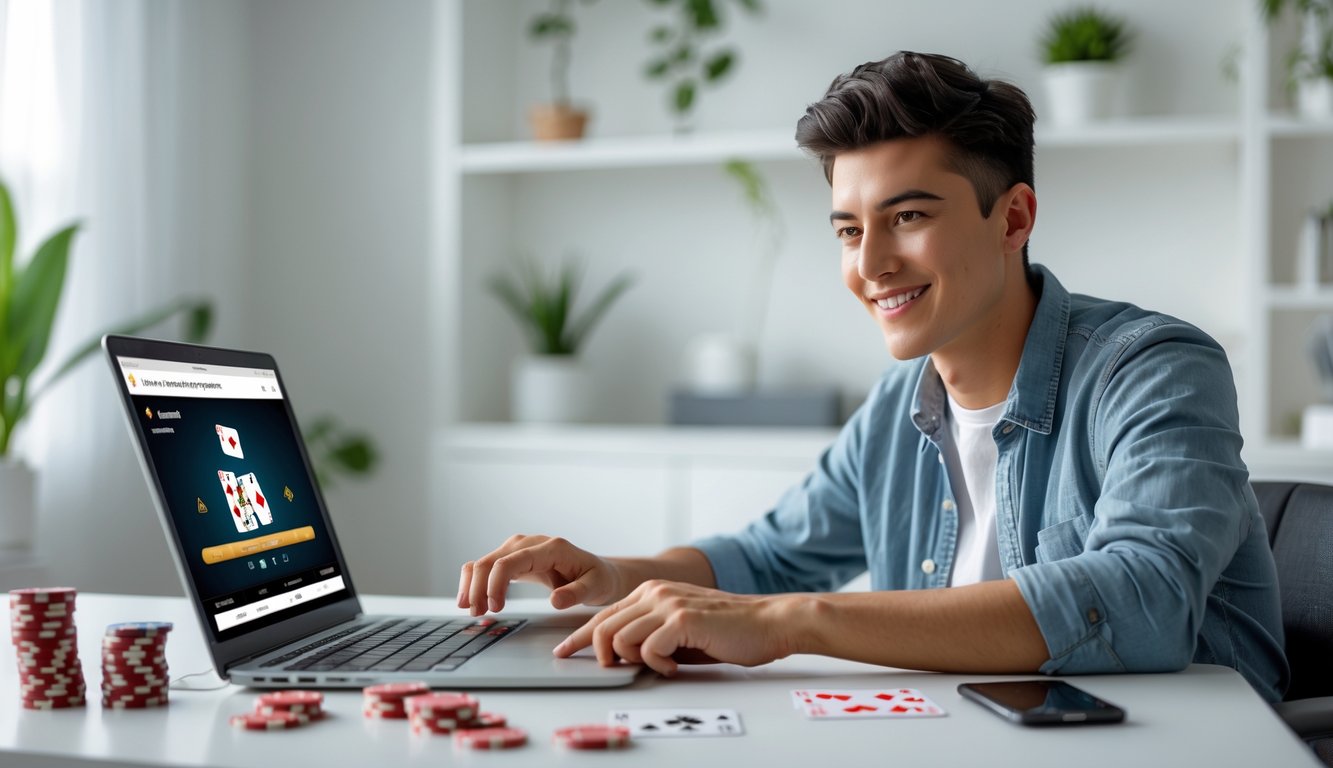 Seorang dewasa muda duduk di meja dengan laptop yang menampilkan permainan poker online, dikelilingi oleh chip poker dan kartu remi di ruangan kantor rumah yang terang.