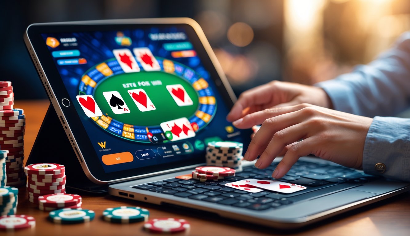 Seseorang bermain poker online menggunakan tablet dengan tumpukan chip poker di sekitar perangkat.