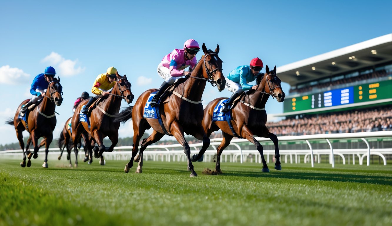 Sekelompok kuda pacu berlari cepat di lintasan hijau dengan joki mengenakan pakaian warna-warni, latar belakang tribun penonton dan papan informasi balapan.