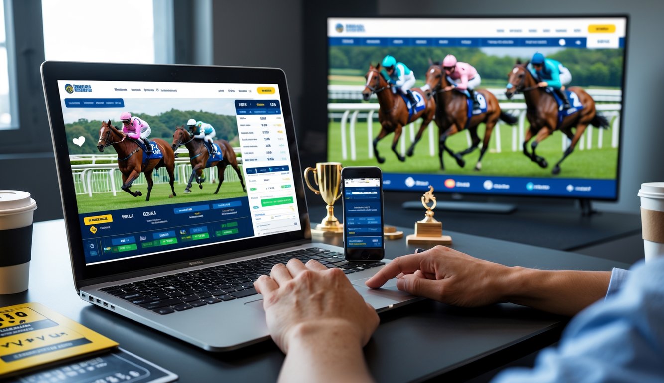 Seseorang menggunakan laptop untuk bertaruh balap kuda secara online dengan layar televisi menampilkan balapan kuda di latar belakang.