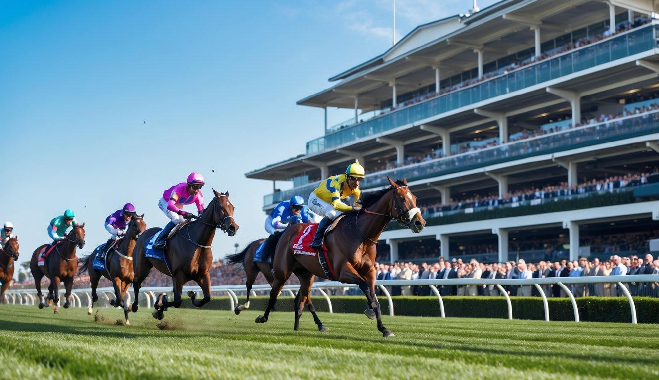 Balapan kuda resmi dengan joki menunggang kuda di lintasan dan penonton di tribun