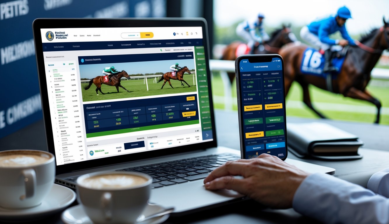 Seorang agen taruhan balap kuda online bekerja di depan laptop dengan layar menampilkan situs taruhan balap kuda, dikelilingi oleh smartphone dan kopi di meja kerja.