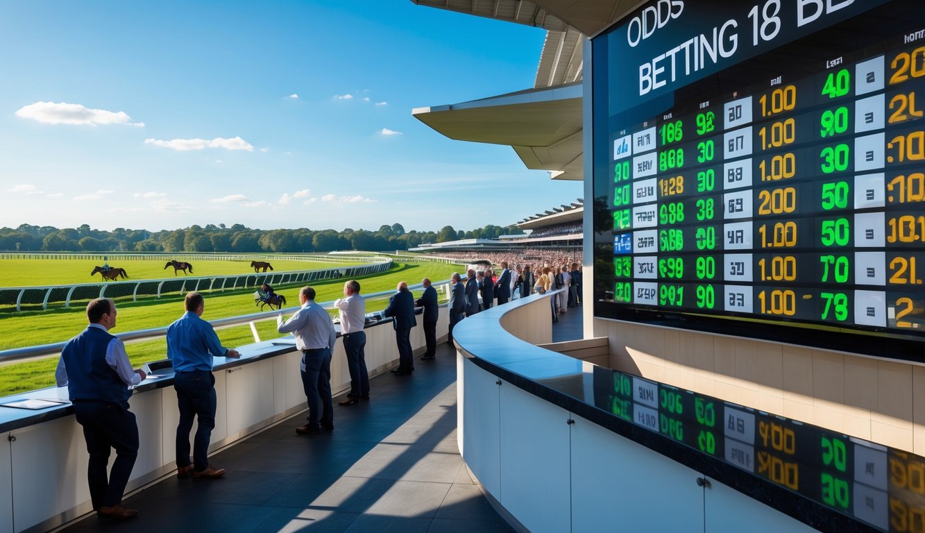 Suasana area taruhan pacuan kuda dengan papan angka odds tinggi dan orang-orang yang sedang memasang taruhan.