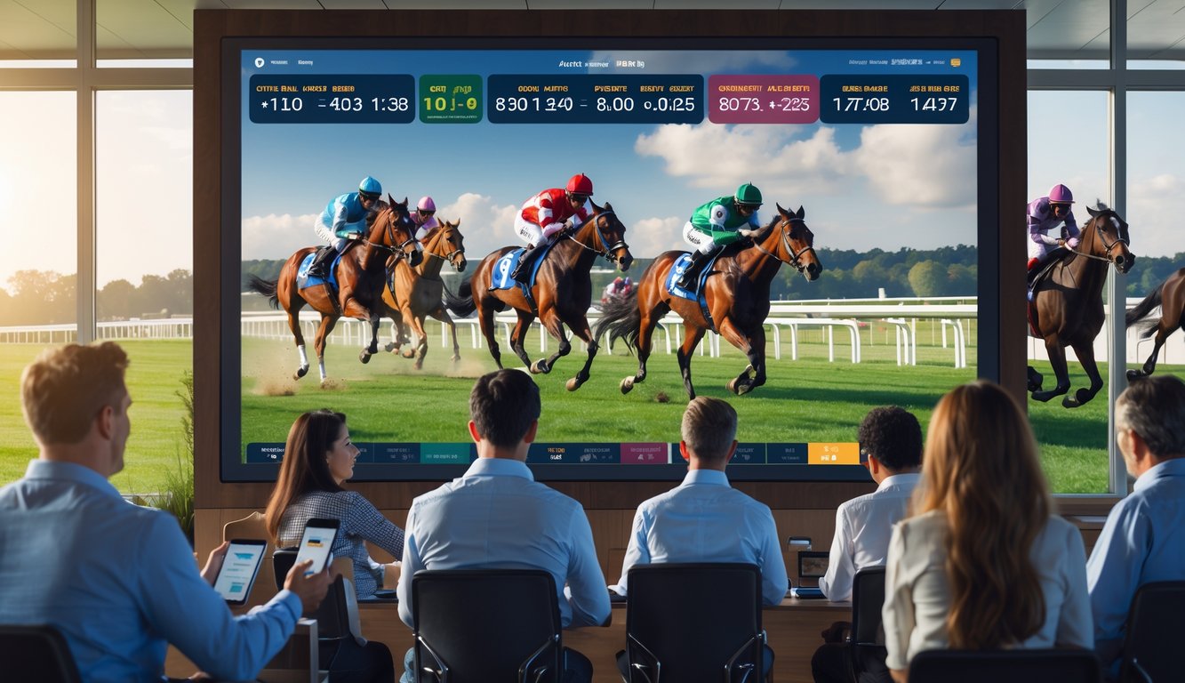 Orang-orang sedang memasang taruhan balap kuda secara online dengan layar digital menampilkan balapan kuda yang sedang berlangsung di latar belakang.