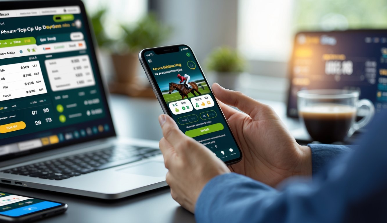 Seseorang menggunakan ponsel untuk memasang taruhan pacuan kuda online dengan metode deposit pulsa di meja kerja modern.