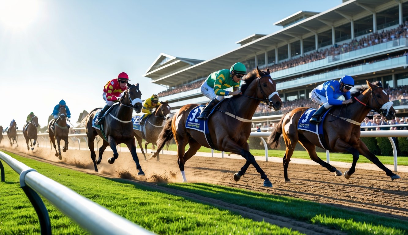 Beberapa kuda pacu berlari kencang di lintasan pacuan dengan joki mengenakan pakaian balap berwarna-warni dan penonton di tribun.
