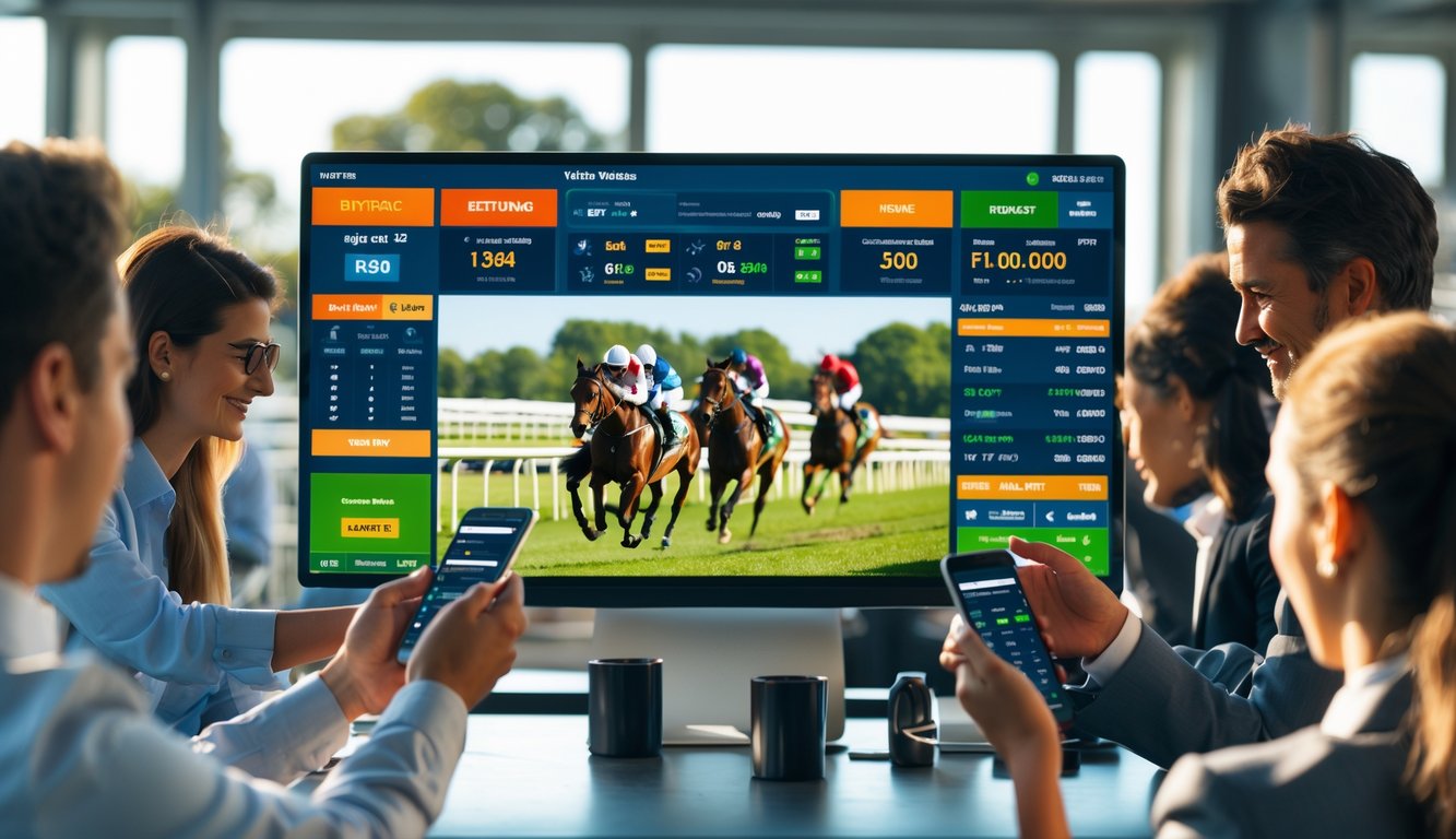 Orang-orang sedang memasang taruhan pacuan kuda dengan latar belakang balapan kuda yang sedang berlangsung.