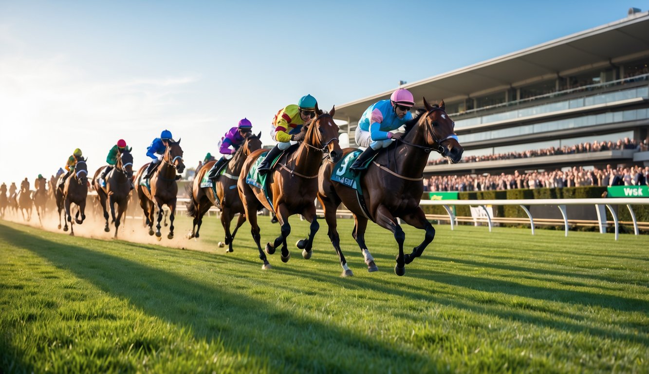 Adegan balap kuda dengan beberapa kuda dan joki sedang berlari di lintasan balap dikelilingi oleh penonton.