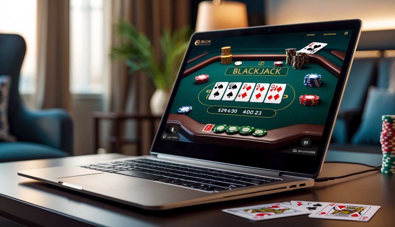 Seseorang menggunakan komputer dengan tampilan meja blackjack digital di layar dalam ruangan yang nyaman dan bergaya.