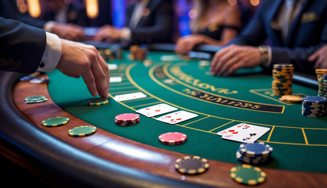 Meja blackjack di kasino dengan kartu, chip, dan tangan dealer yang sedang membagikan kartu.