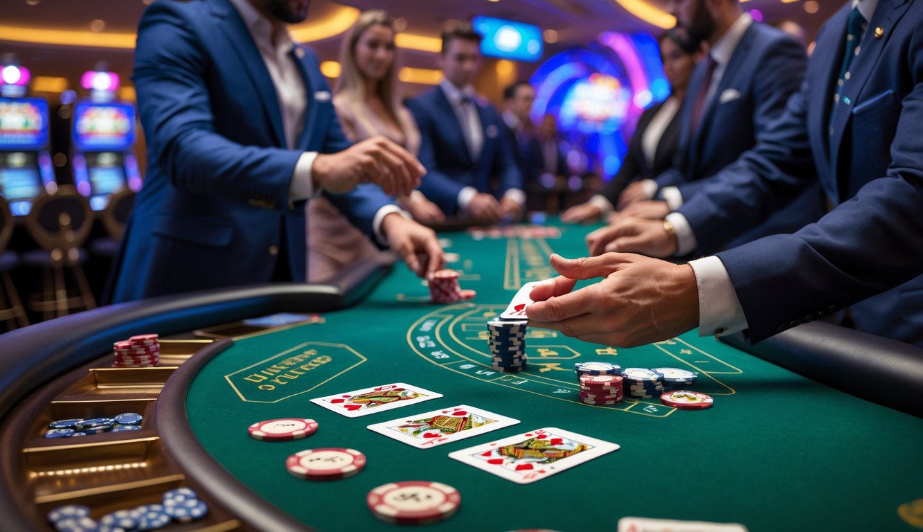 Meja blackjack di kasino modern dengan pemain dan dealer sedang bermain kartu.