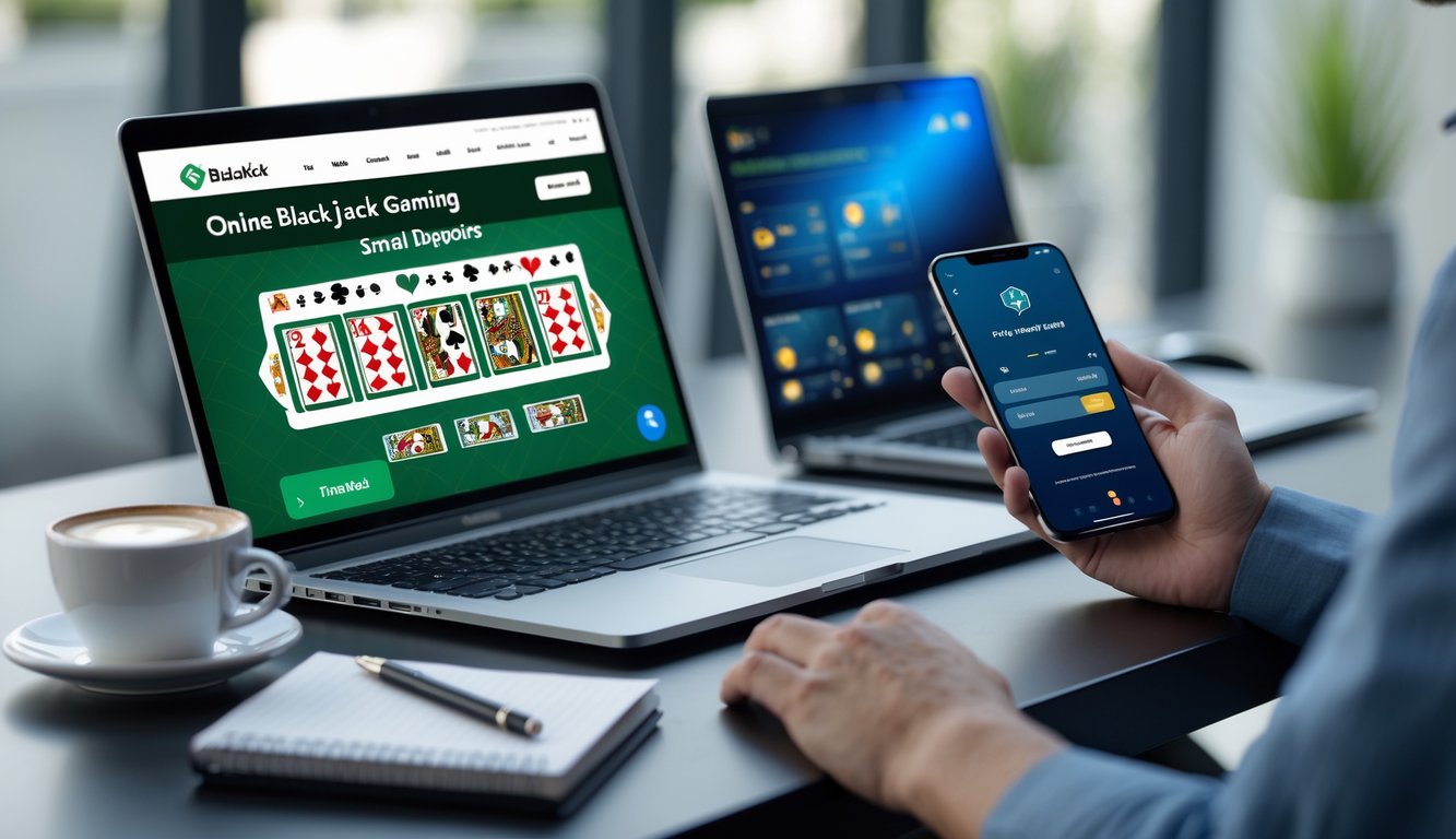 Seorang pengguna sedang melakukan deposit kecil untuk bermain blackjack online menggunakan laptop dan ponsel di meja kerja yang rapi.