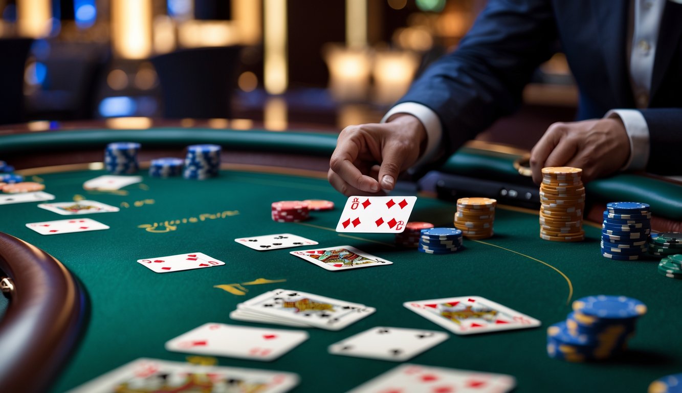 Meja blackjack dengan kartu dan chip poker di kasino mewah, dengan dealer membagikan kartu kepada pemain.