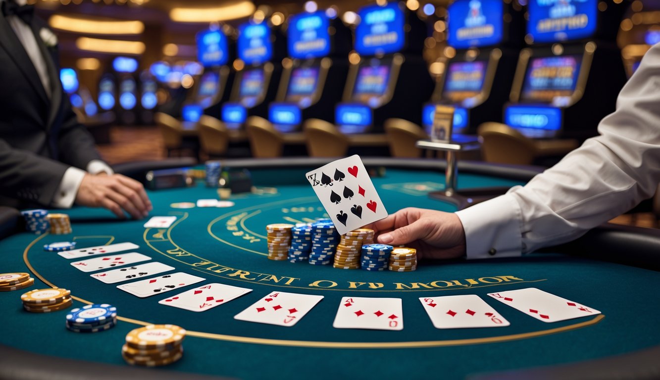 Meja blackjack kasino modern dengan kartu dan chip, menampilkan tangan pemenang dekat angka 21.