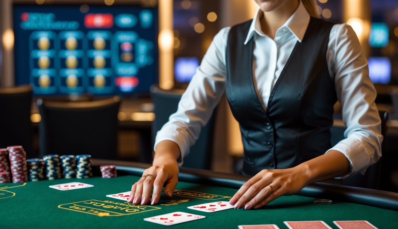 Seorang dealer blackjack wanita sedang membagikan kartu di meja hijau dengan chip dan kartu bermain.