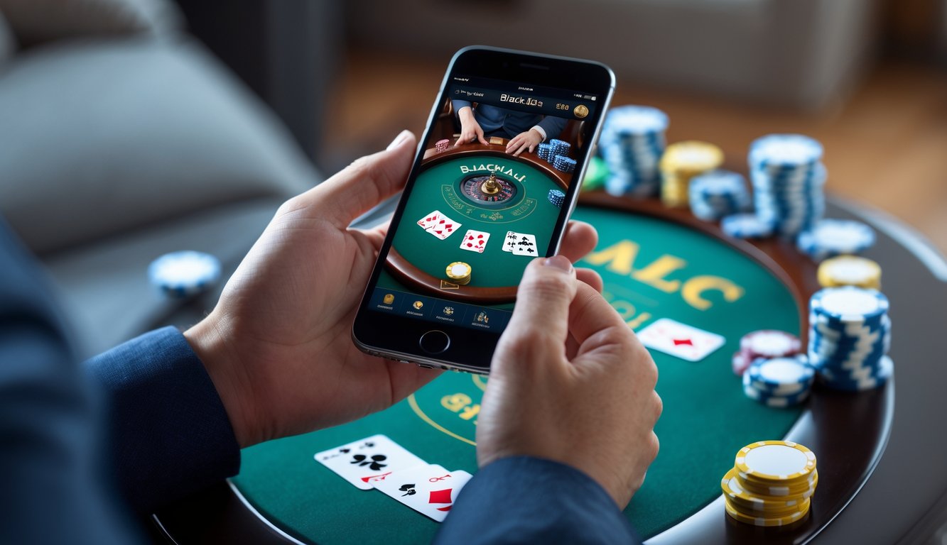 Seseorang memegang ponsel yang menampilkan permainan blackjack dengan kartu dan chip di layar.