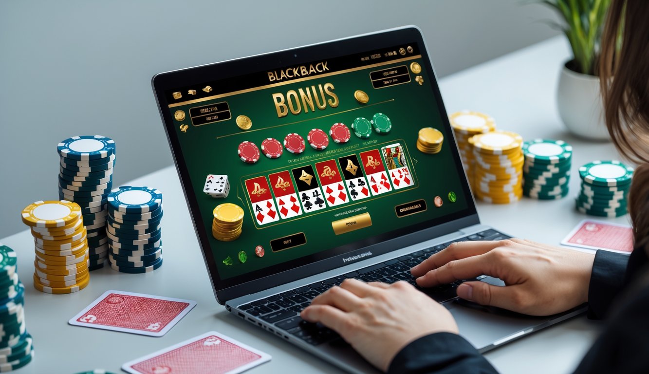 Seseorang sedang bermain blackjack online di laptop dengan tumpukan chip dan kartu di meja.