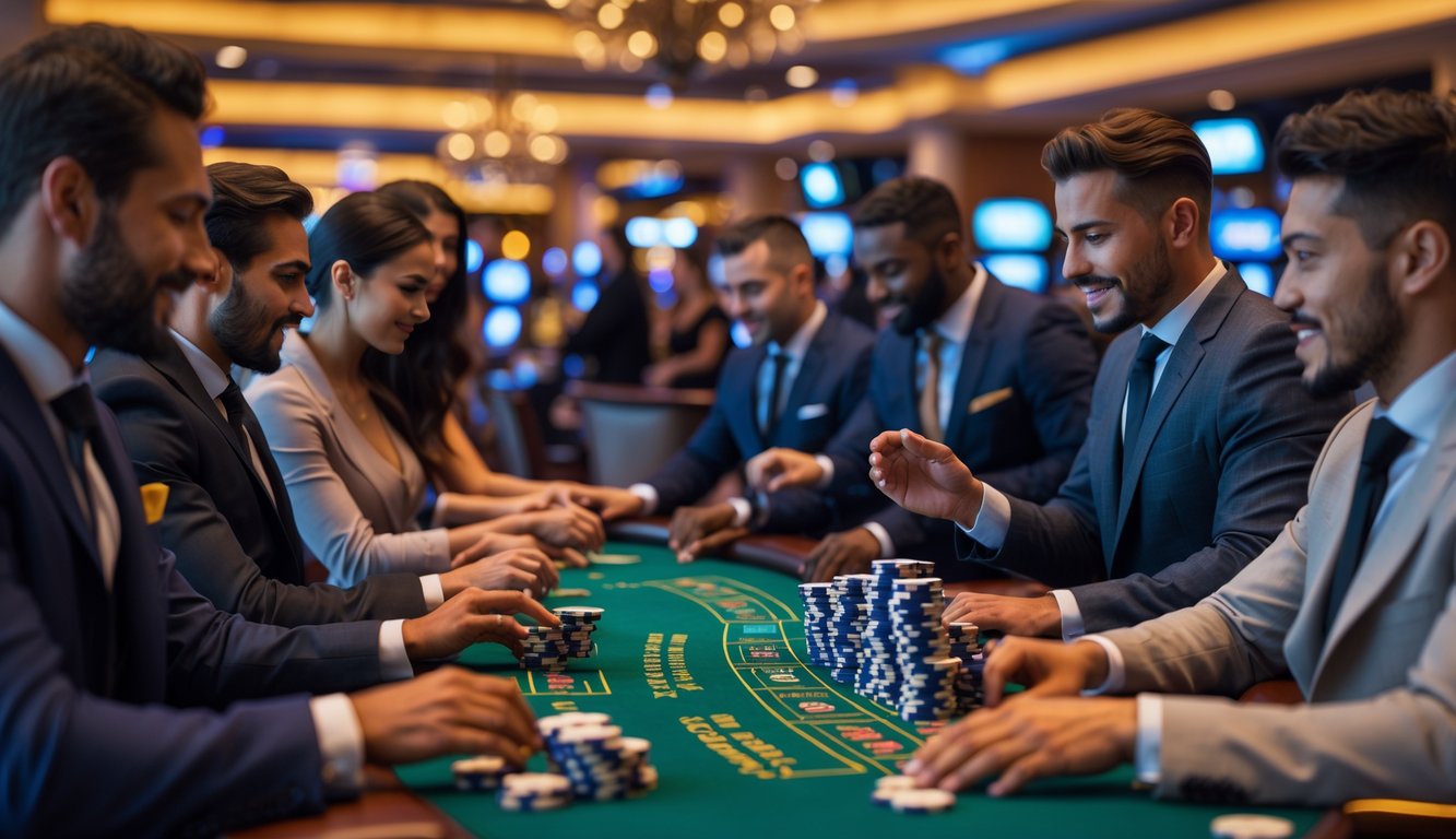 Suasana meja blackjack di kasino dengan pemain yang sedang bermain dan tumpukan chip di atas meja.