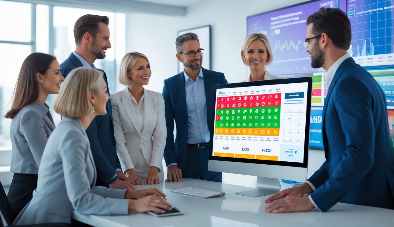 Sekelompok orang dewasa yang berpakaian rapi sedang melihat layar komputer dengan angka dan grafik lotere di ruang kantor modern.