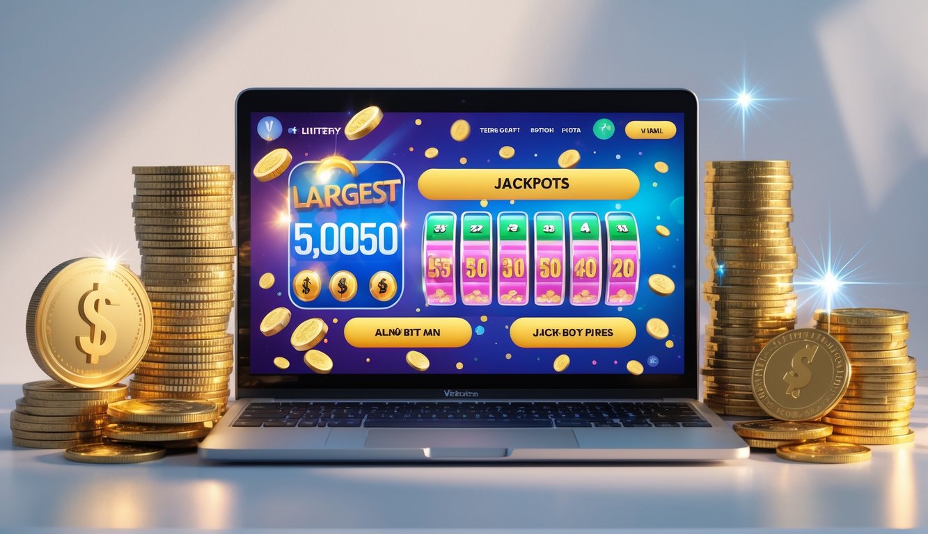 Seorang pria menggunakan laptop dengan layar menampilkan situs togel online, dikelilingi oleh tumpukan uang dan koin emas sebagai simbol hadiah besar.
