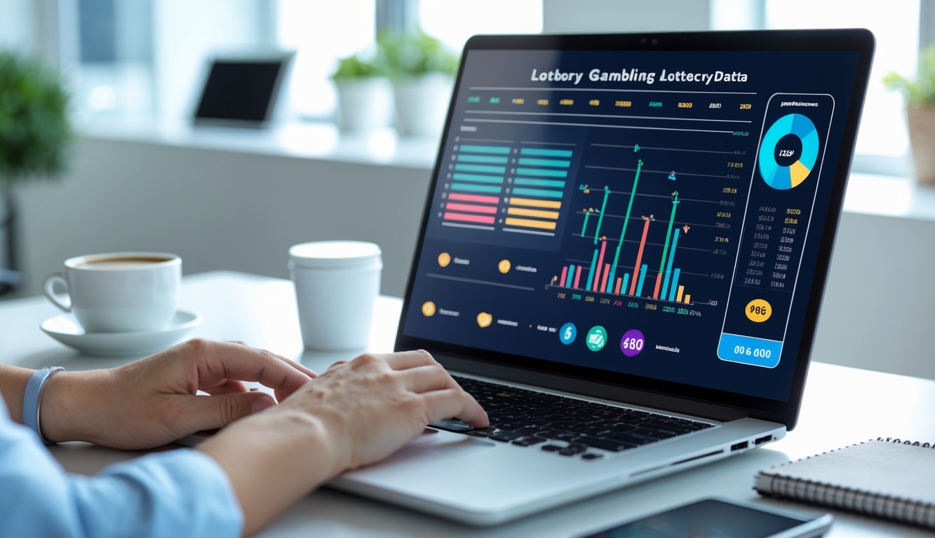 Seseorang menggunakan laptop di meja kerja modern dengan grafik dan angka terkait togel di layar.