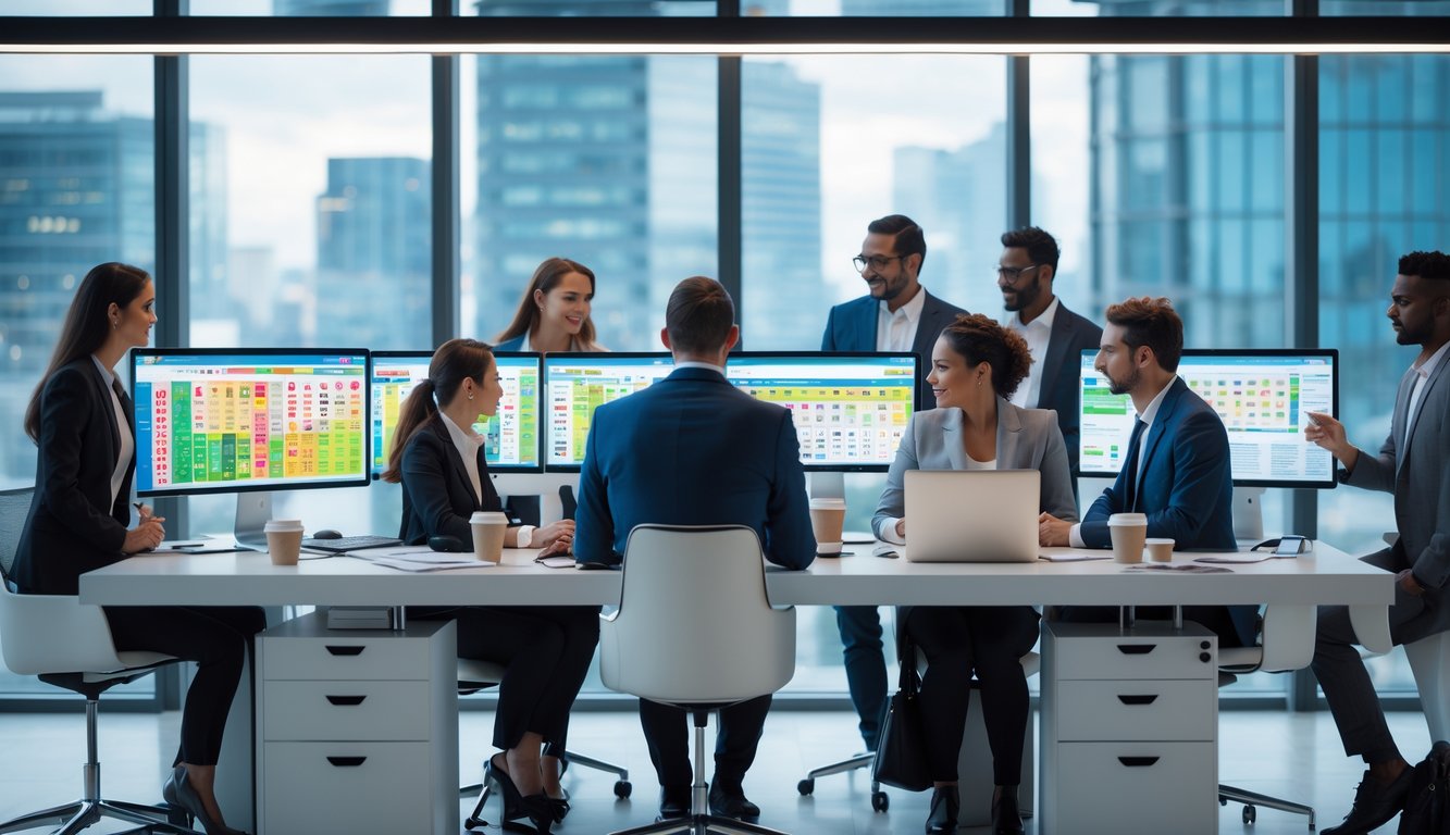 Sekelompok profesional bekerja bersama di kantor modern dengan komputer dan layar yang menampilkan angka dan grafik lotere online.