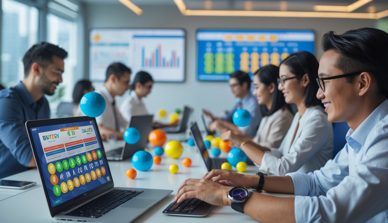 Orang-orang menggunakan laptop dan smartphone di kantor modern untuk bermain togel online dengan bola togel berwarna-warni di layar.