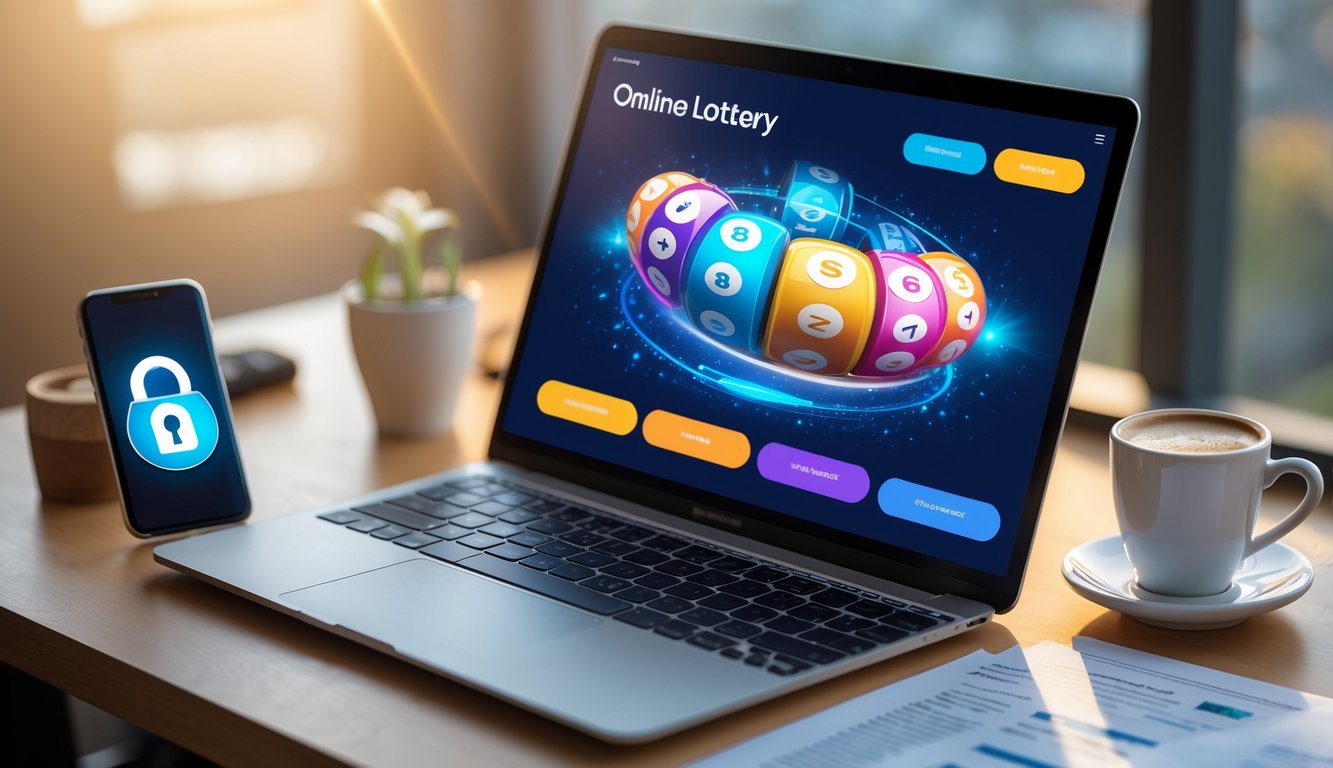 Meja kerja modern dengan laptop menampilkan situs lotre online dan ponsel dengan ikon keamanan, dikelilingi oleh secangkir kopi dan dokumen rapi.