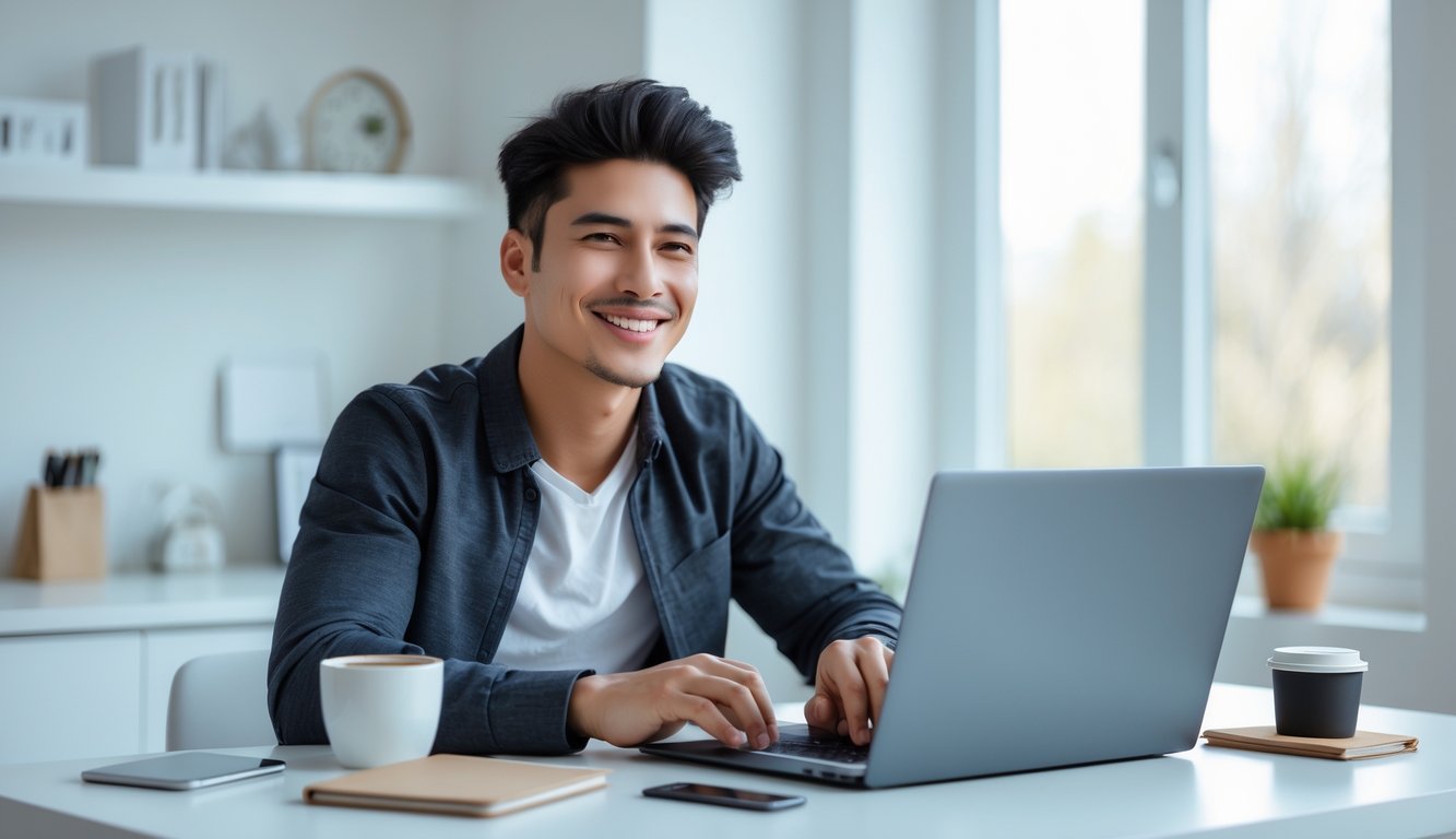 Seorang dewasa muda tersenyum duduk di meja dengan laptop, menggunakan layanan togel online dengan suasana yang aman dan nyaman.