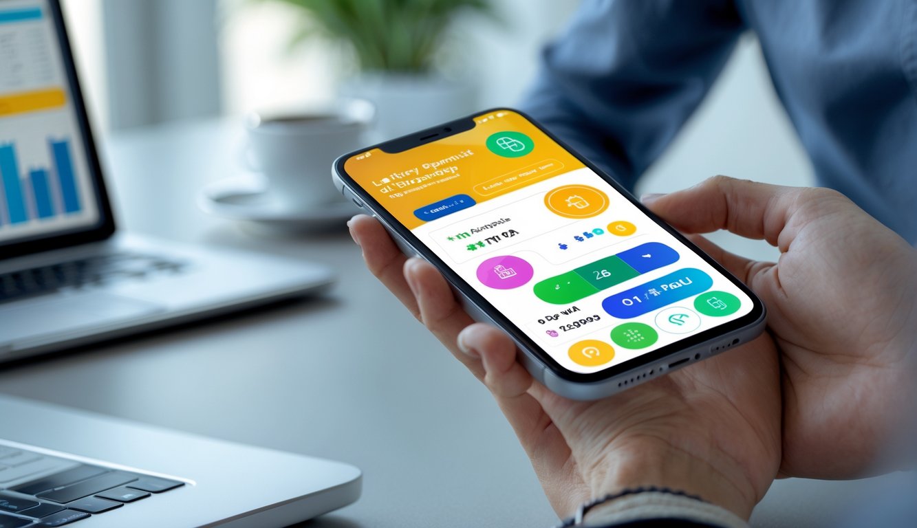 Tangan seseorang memegang ponsel dengan tampilan aplikasi pembayaran digital di meja kerja modern.