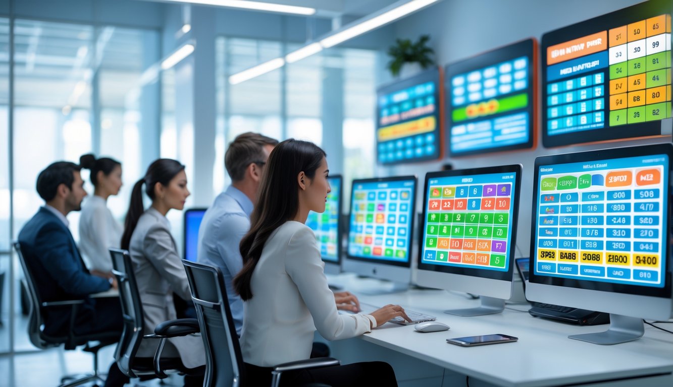 Orang-orang di kantor modern sedang melihat hasil togel pada layar komputer dengan angka-angka warna-warni.
