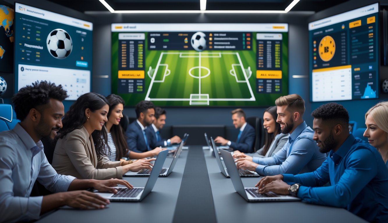 Orang-orang sedang memasang taruhan sepak bola menggunakan perangkat elektronik di ruangan modern dengan layar besar menampilkan pertandingan sepak bola langsung.