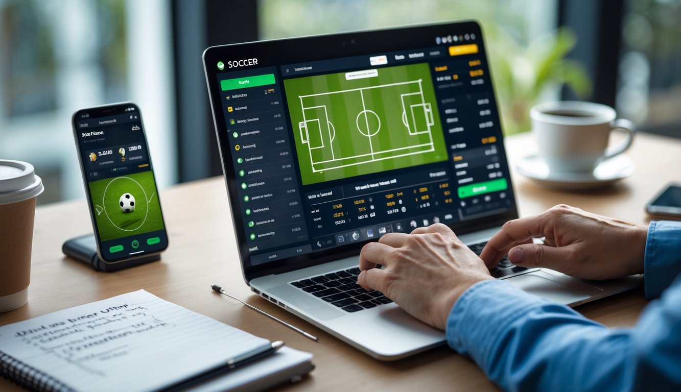 Seseorang menggunakan laptop dengan tampilan statistik dan peluang taruhan sepak bola di meja kerja modern.