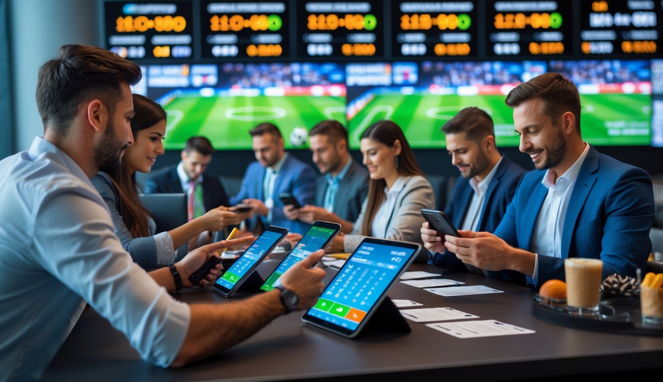 Sekelompok orang menggunakan perangkat digital untuk memasang taruhan pada pertandingan sepak bola yang ditampilkan di layar besar dalam ruangan modern.