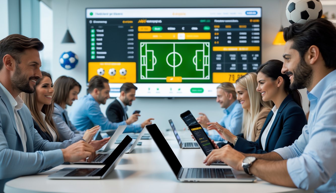 Orang-orang sedang menggunakan perangkat digital untuk memasang taruhan pada pertandingan sepak bola di ruangan modern dengan layar besar menampilkan statistik pertandingan.