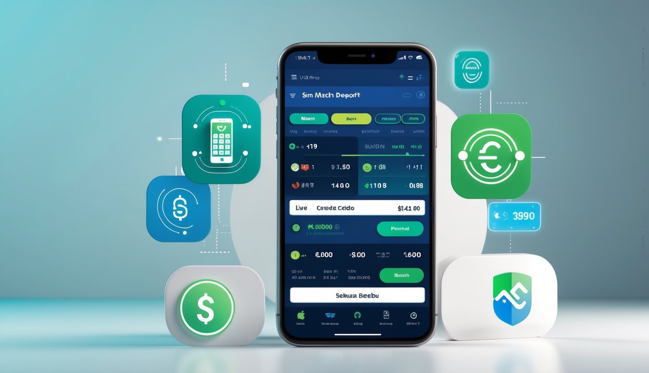 Sebuah smartphone menampilkan aplikasi taruhan olahraga dengan ikon transaksi pulsa di sekitarnya.