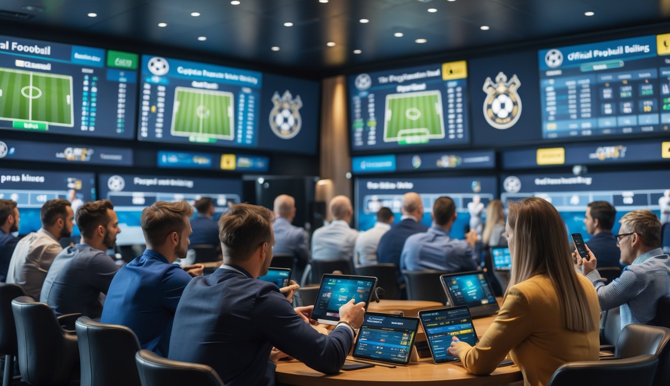 Orang-orang menonton pertandingan sepak bola dan memasang taruhan di ruang taruhan resmi yang modern.