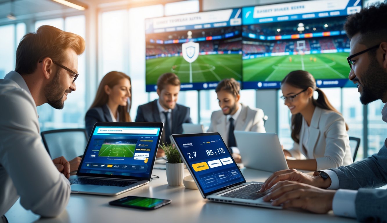 Orang-orang menggunakan perangkat digital untuk memasang taruhan sepak bola di lingkungan kantor modern yang aman dan terpercaya.