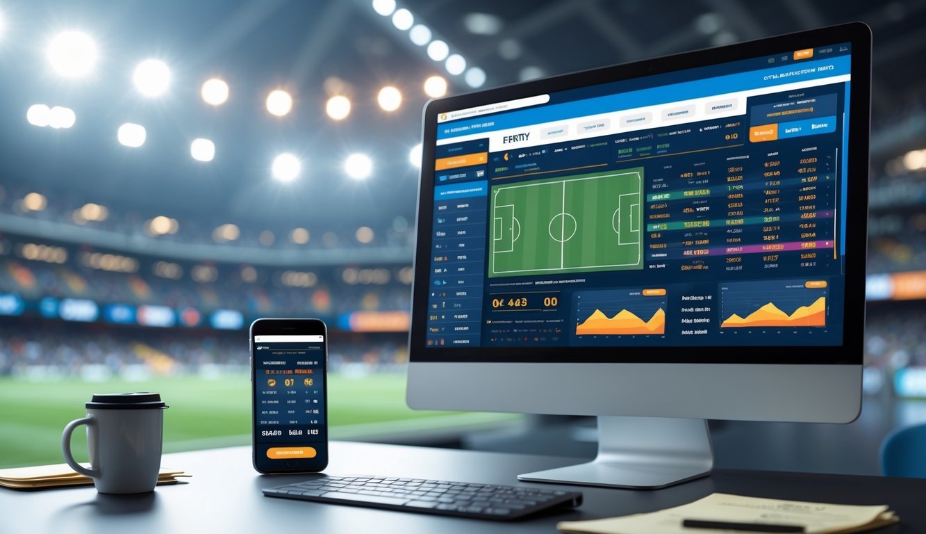 Meja kerja modern dengan komputer menampilkan antarmuka taruhan sepak bola online dan latar belakang stadion olahraga yang samar.