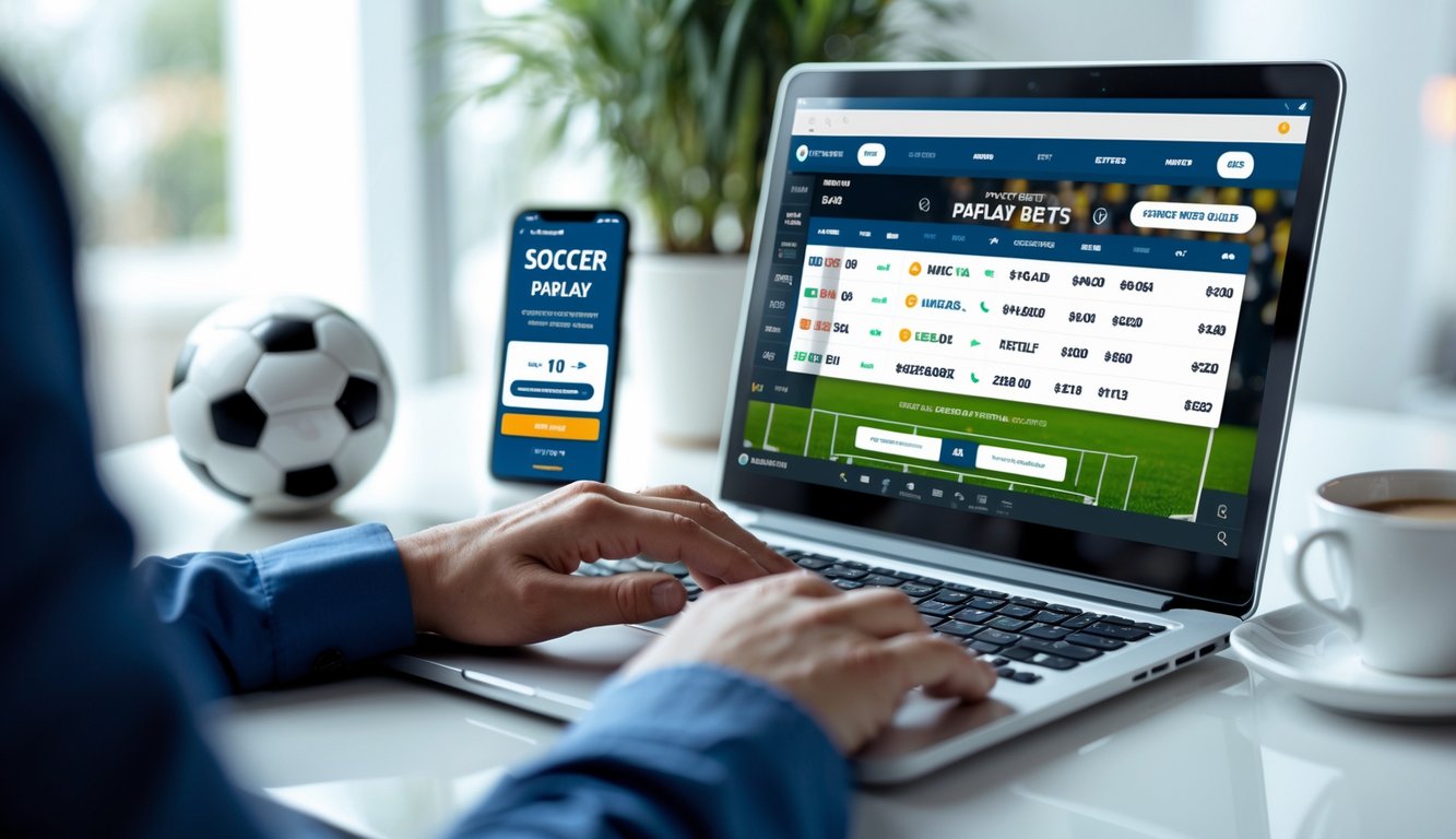 Seseorang menggunakan laptop di meja kerja dengan bola sepak di sampingnya, menampilkan aktivitas taruhan olahraga online.