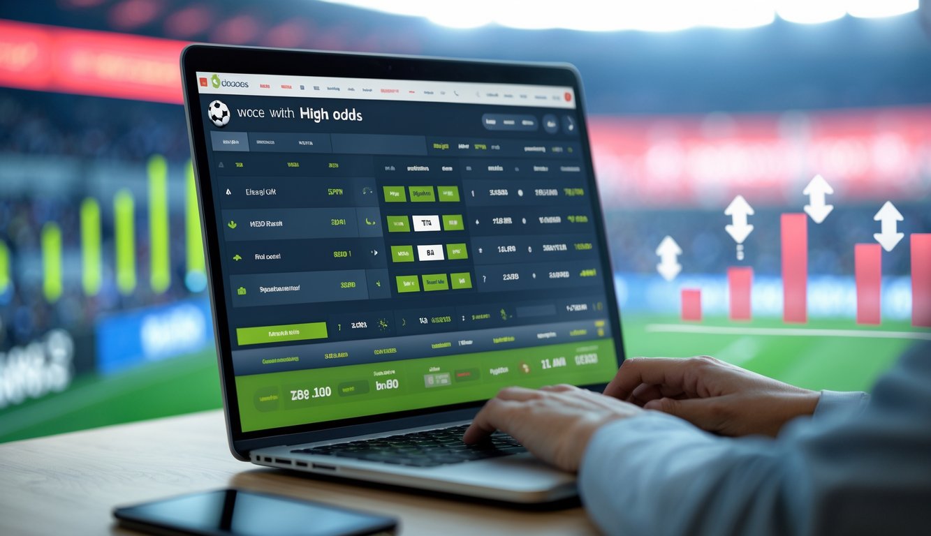 Layar komputer menampilkan platform taruhan sepak bola dengan daftar pertandingan dan odds tinggi, latar belakang menampilkan stadion sepak bola dan penonton.